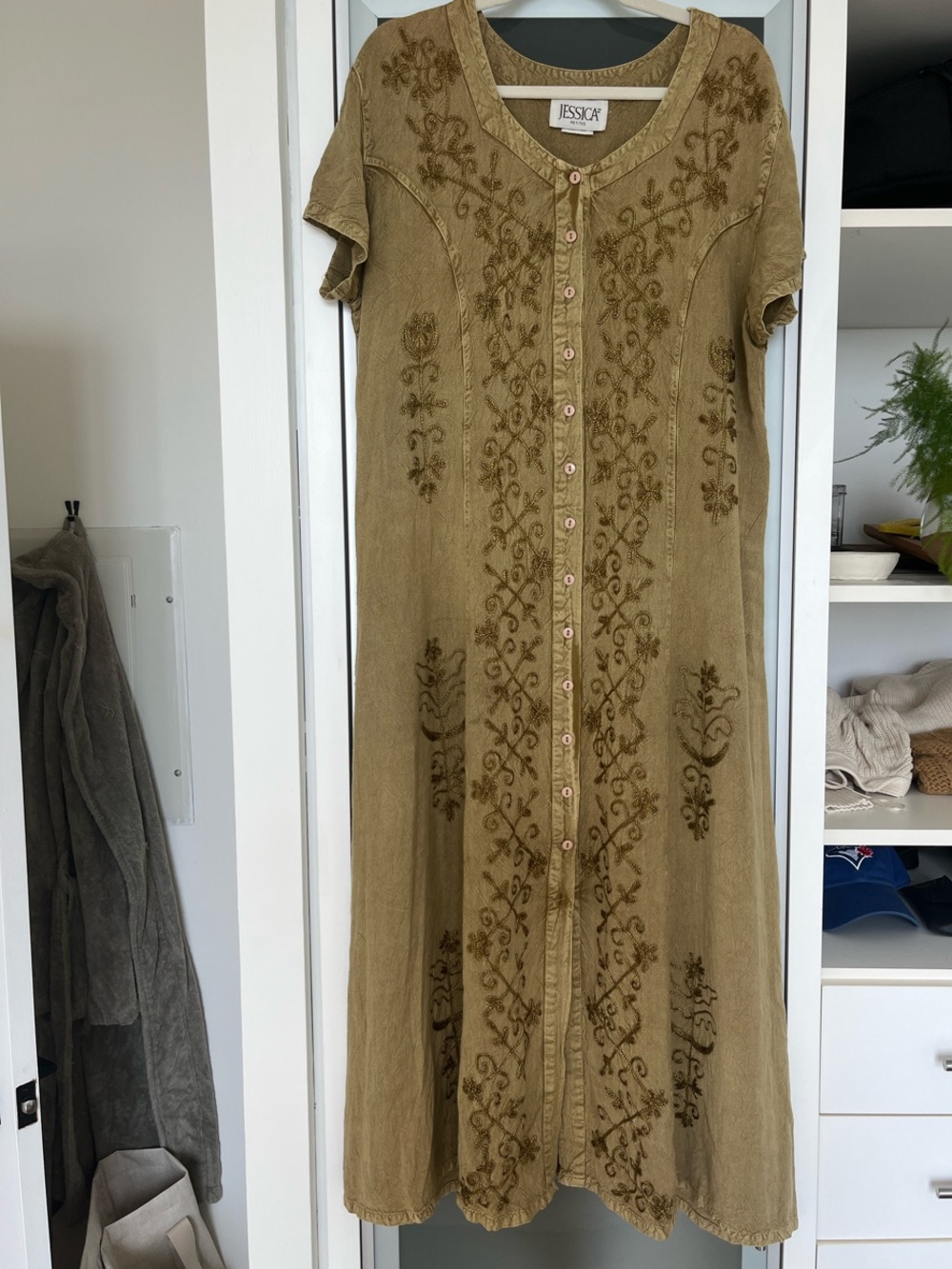 Jessica Olive Green Embroidered Button-Front Maxi Dress
